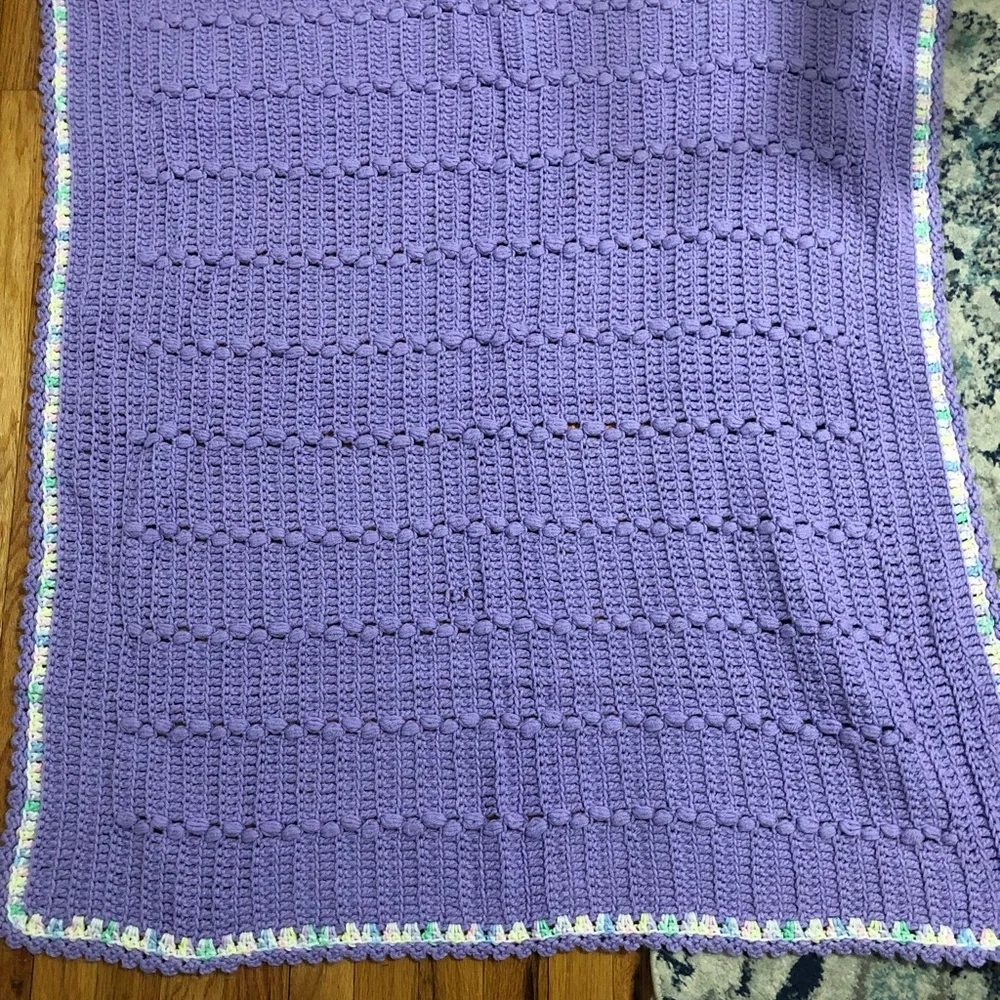 Baby blanket handmade crochet purple with‎ white multicolor trim 38” x 38”